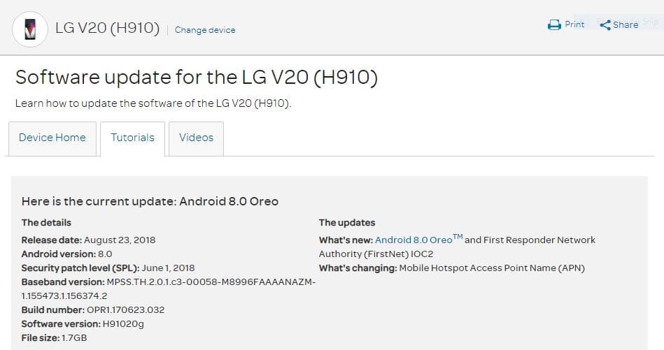 AT&T LG V20 gets Android 8.0 Oreo update as build H91020g