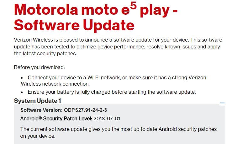 Verizon Wireless rolls out first Moto E5 Play update, carries July patch