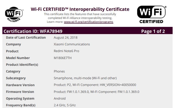 Xiaomi Redmi Note 6 Pro passes through Wi-Fi alliance