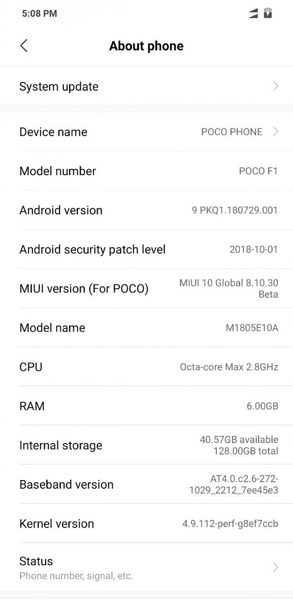 MIUI 10 update for the Poco F1 leak screenshot