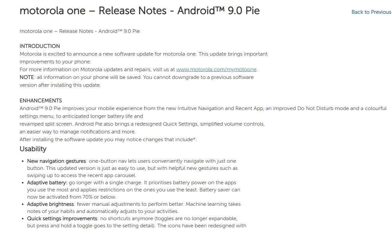 Moto One Pie changelog