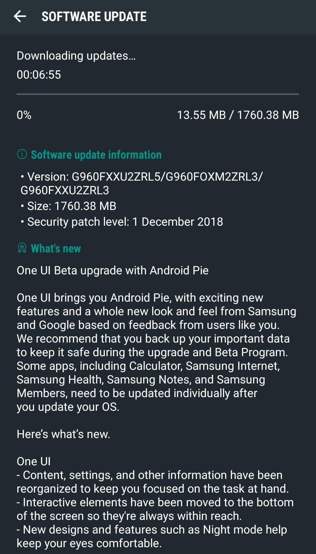 Samsung Galaxy S9 One UI beta changelog