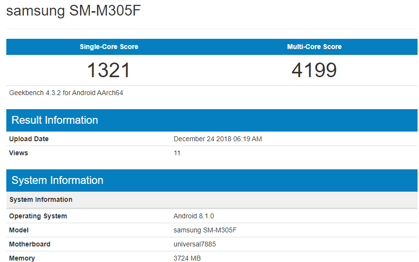 Samsung Galaxy M30 to feature Exynos 7885, 4GB RAM and Android 8.0 Oreo: Geekbench