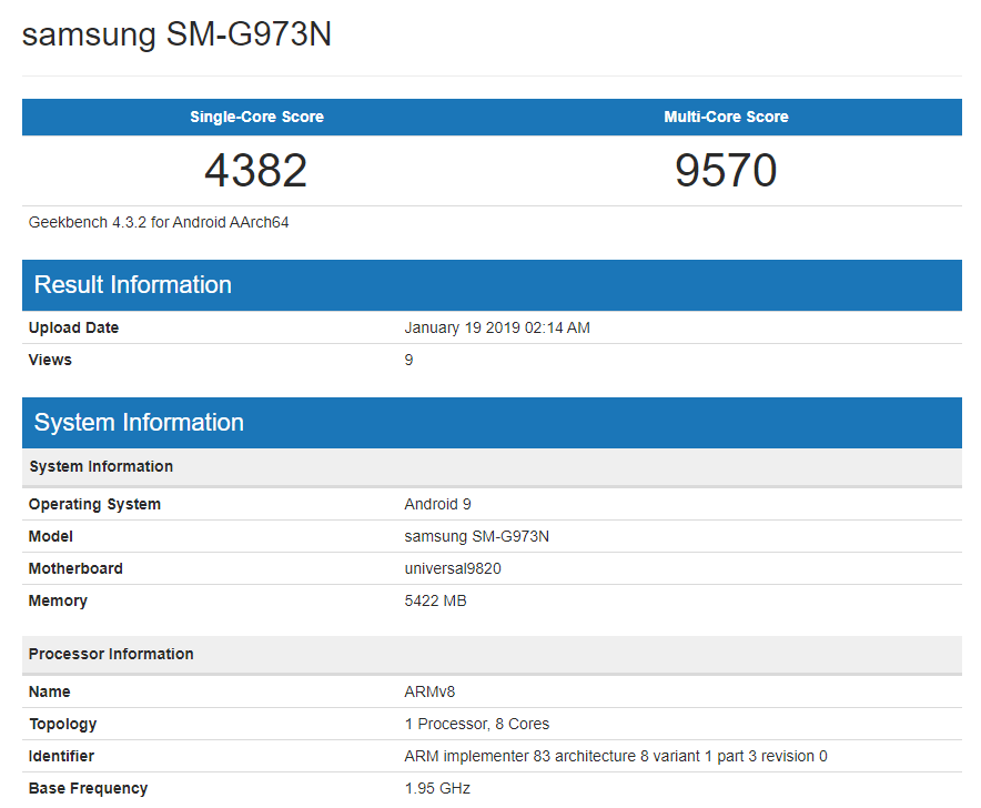 Samsung Galaxy S10 spotted on Geekbench with Exynos 9820 and 6GB RAM