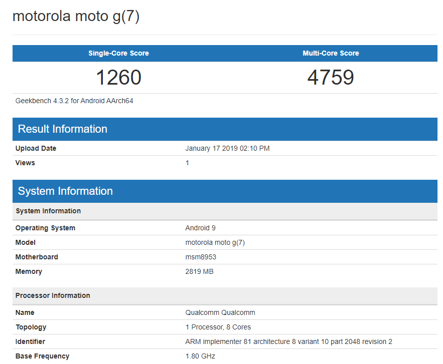 Moto G7 benchmarked with Snapdragon 625, 3GB RAM and Android 9 Pie