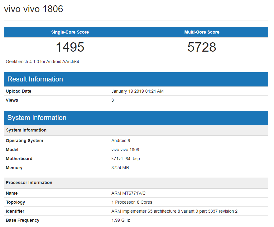 Android 9 Pie for Vivo V11 spotted on Geekbench