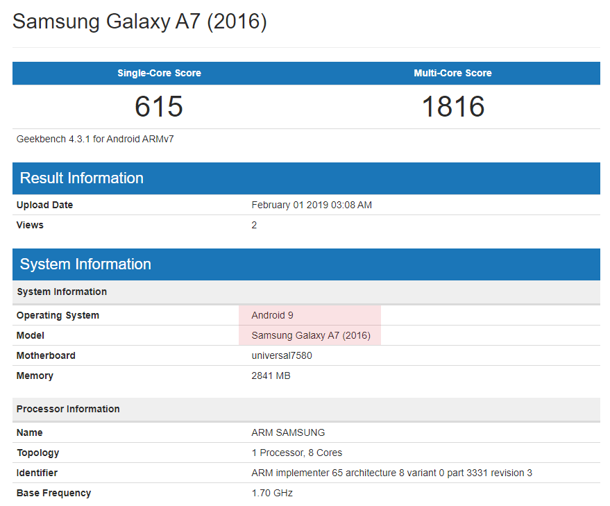 Galaxy A7 2016 Pie leak