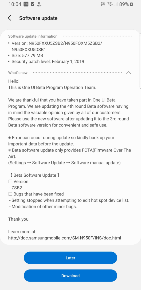 Galaxy Note 8 Pie beta 4