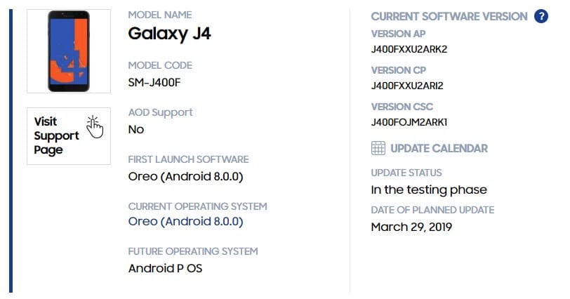 Galaxy J4 Pie update