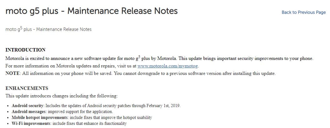 Moto G5 Plus March 2019 update