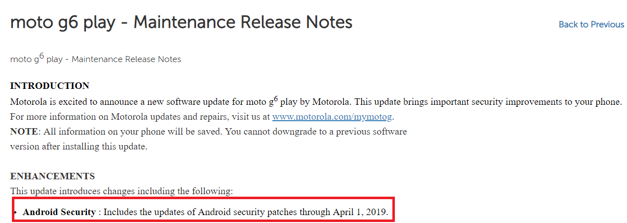 Moto G6 Play March update