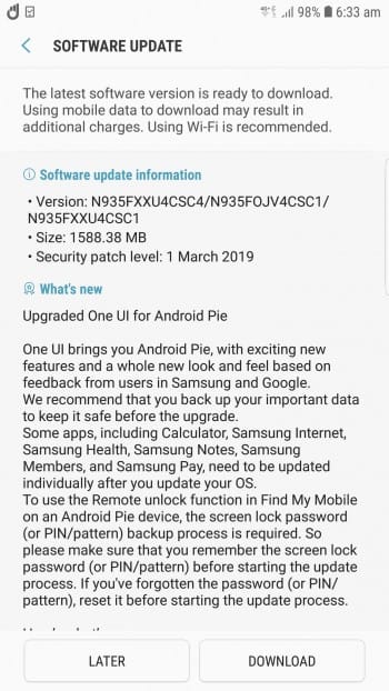 Samsung Galaxy Note FE Pie update