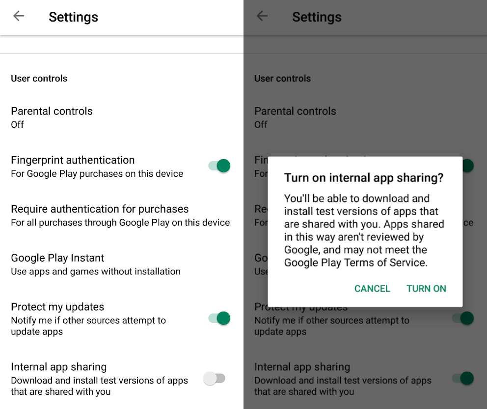 Google Play Store internal app sharing