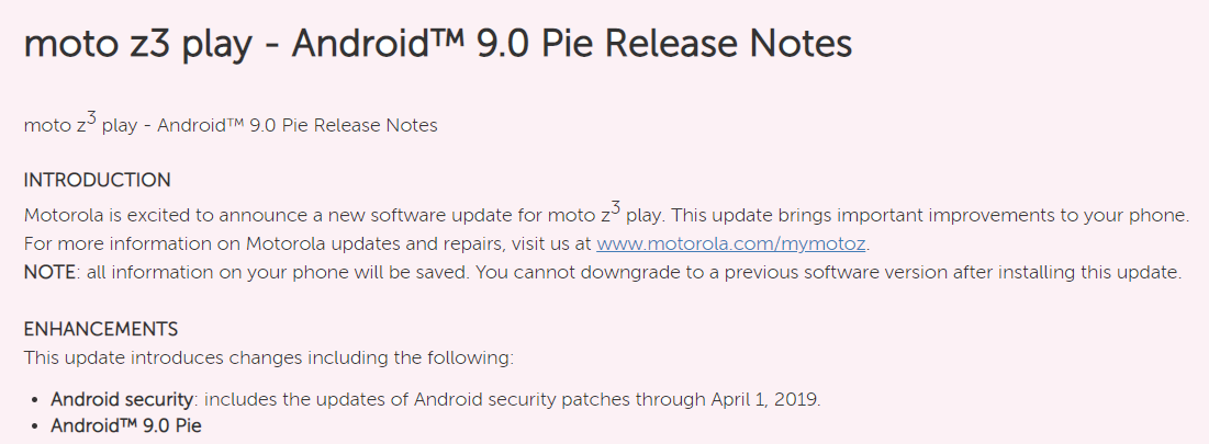 Moto Z3 Play Android Pie update USA