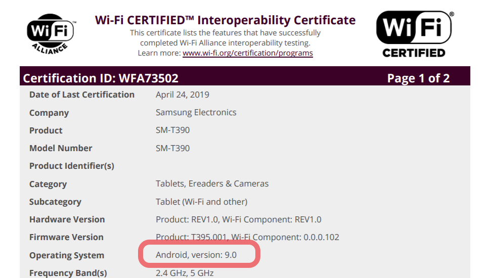 Samsung Galaxy Tab Active 2 cleared to receive Pie