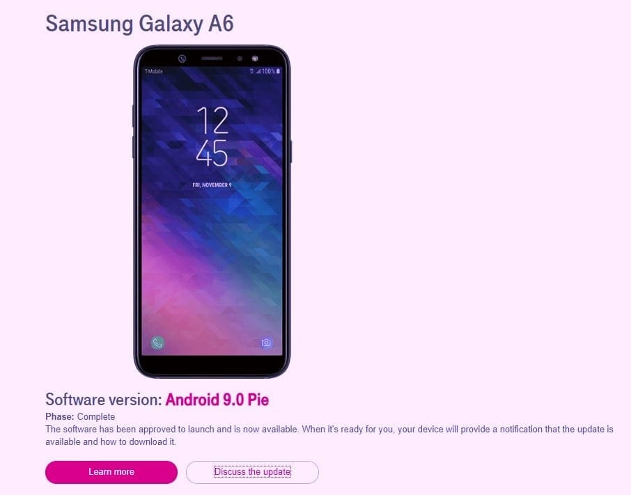 T-Mobile releases Samsung Galaxy A6 Android 9 Pie update