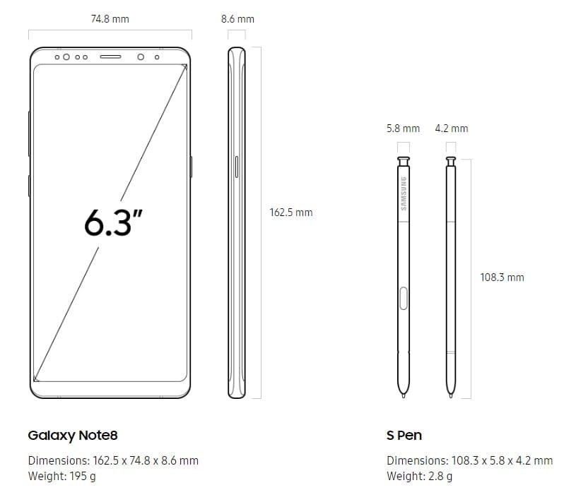 Galaxy Note 8 dimensions and weight