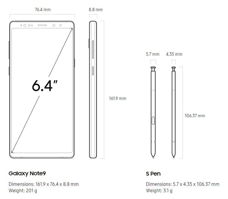 Galaxy Note 9 dimensions and weight