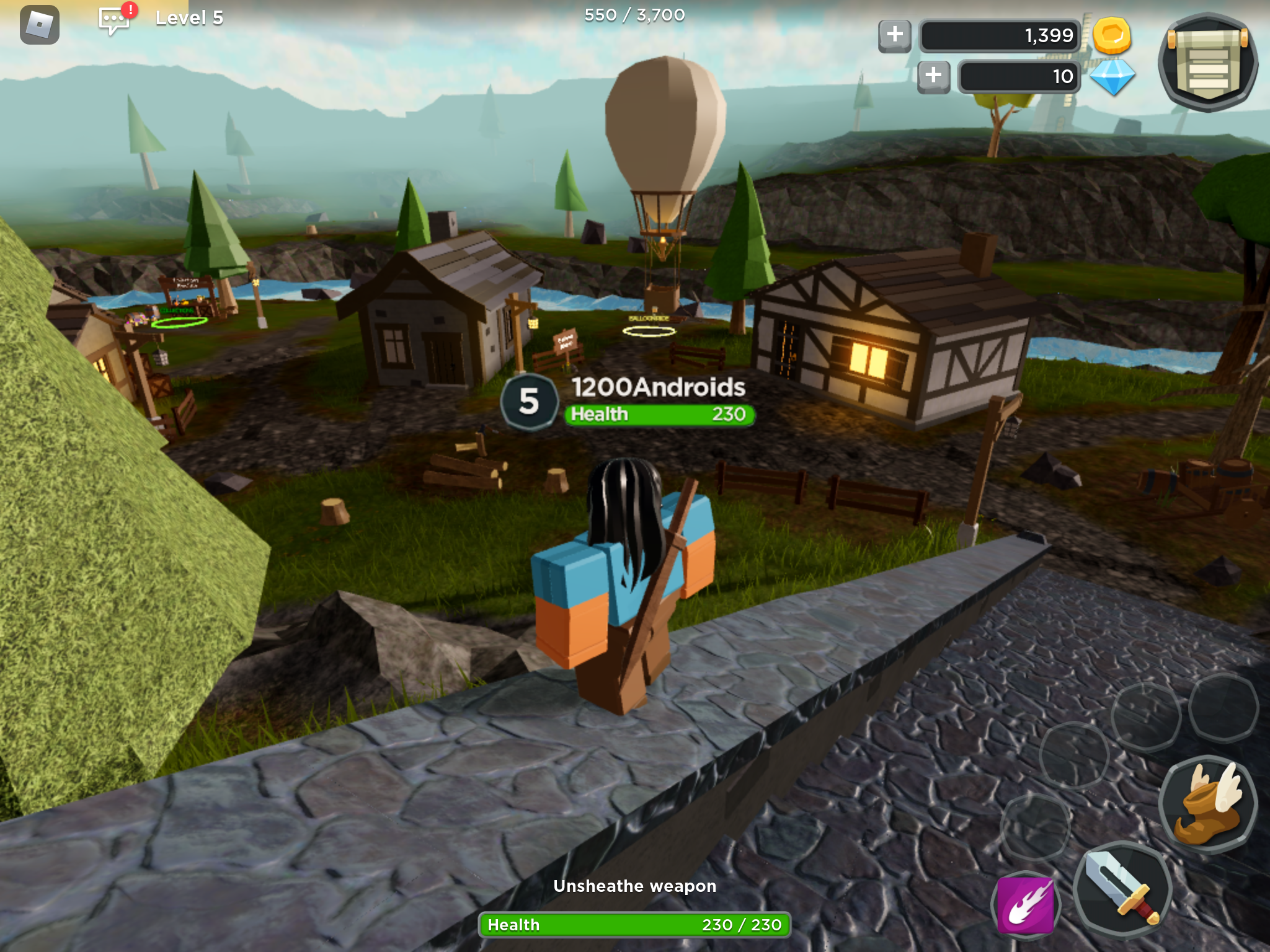 Screenshot of Adventure Up character atop stairs overlooking village.