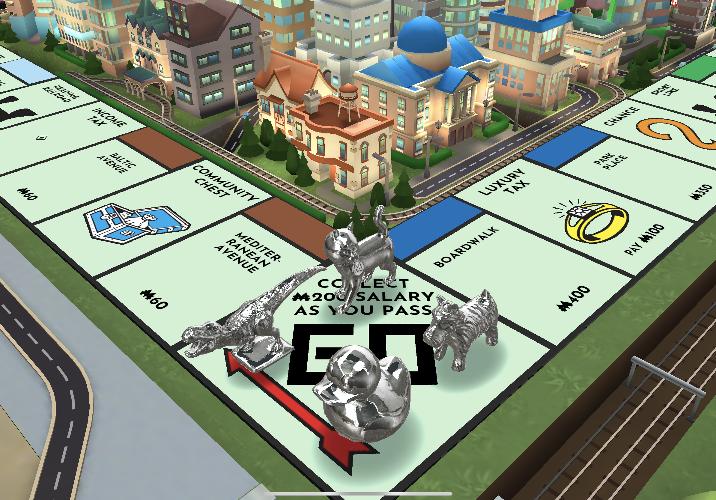 Digital monopoly pieces at Go.