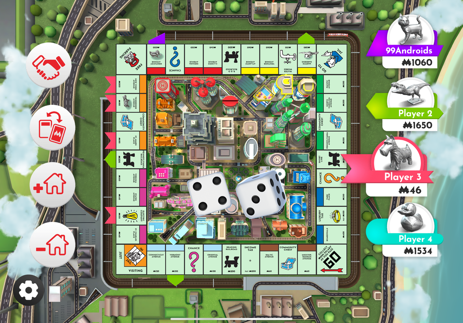 Monopoly digital game board with dice in middle