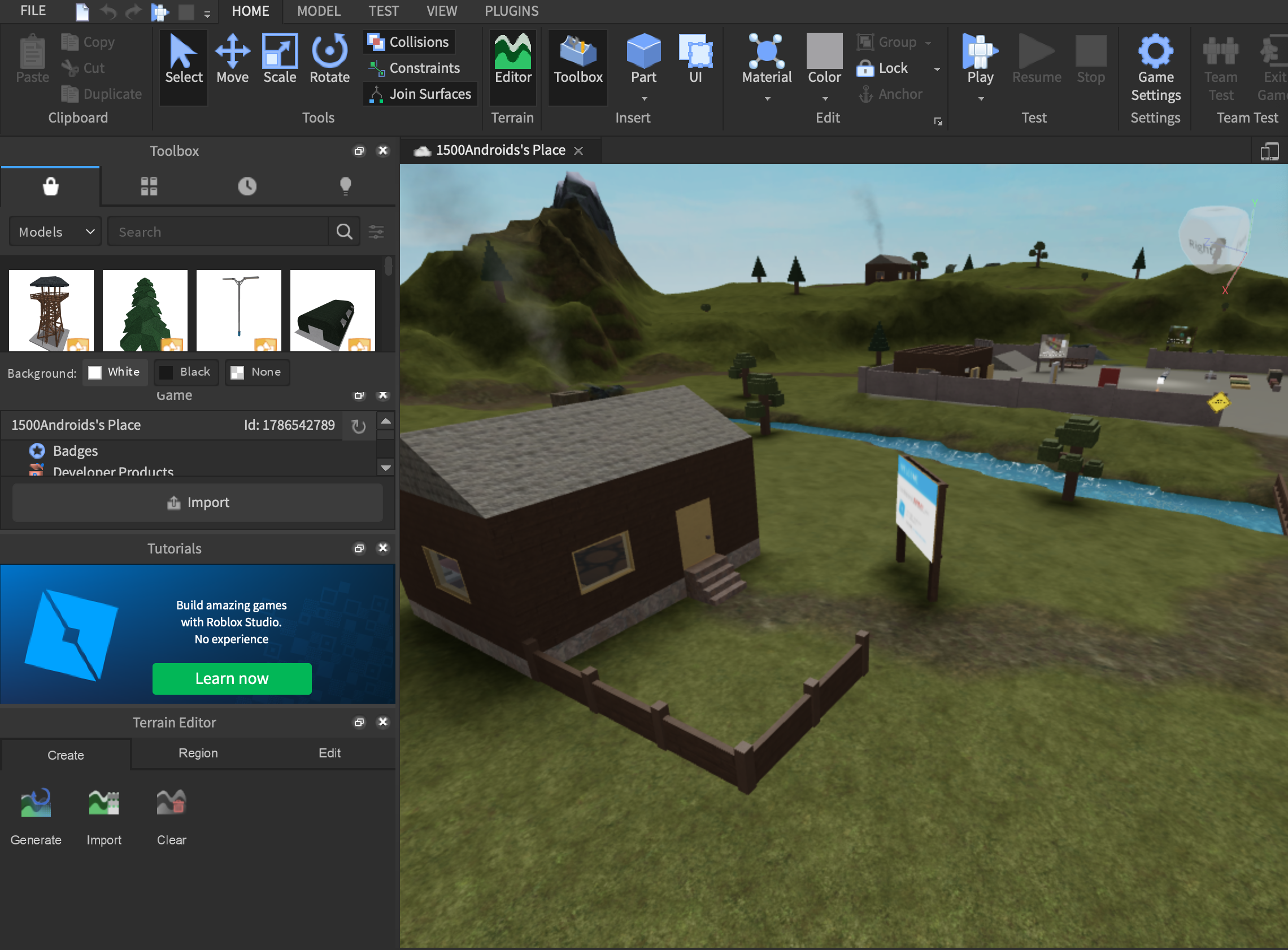 Roblox Studio Editor showing premade village 