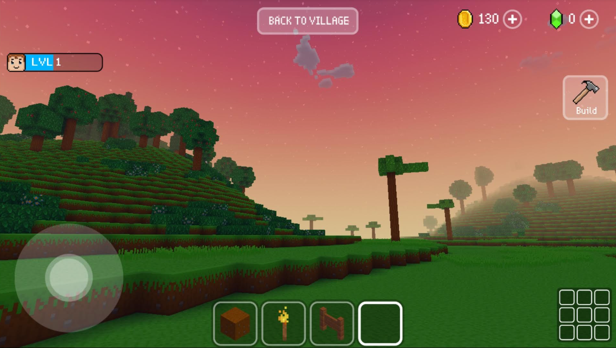 Block Craft 3D screenshot showing sunset over voxel hills.