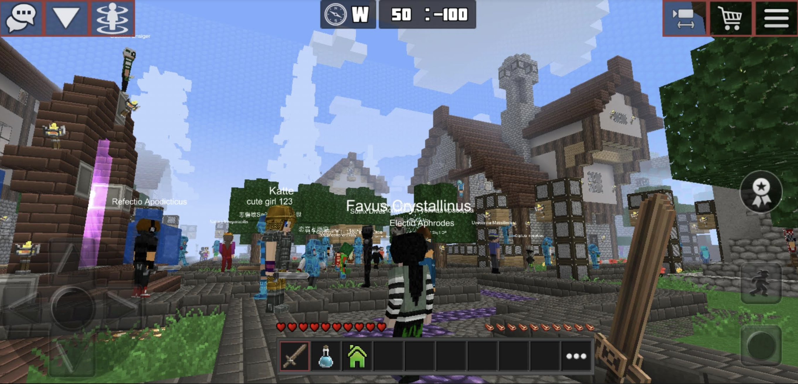 PlanetCraft screenshot showing medieval voxel village