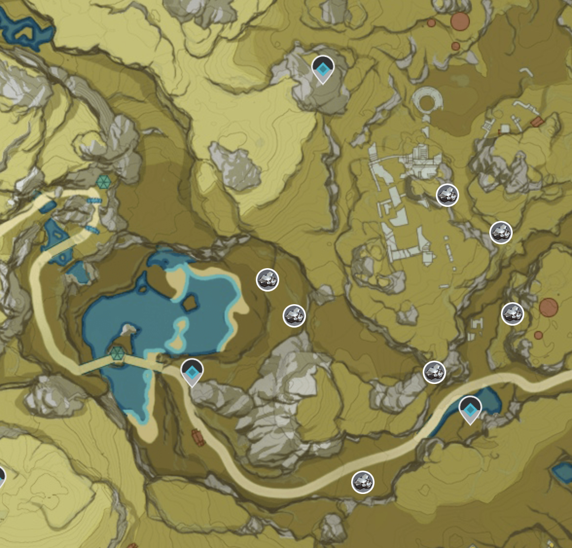 Genshin Impact White Iron Chunk Ore Map East of Jueyunjian Zoomed In