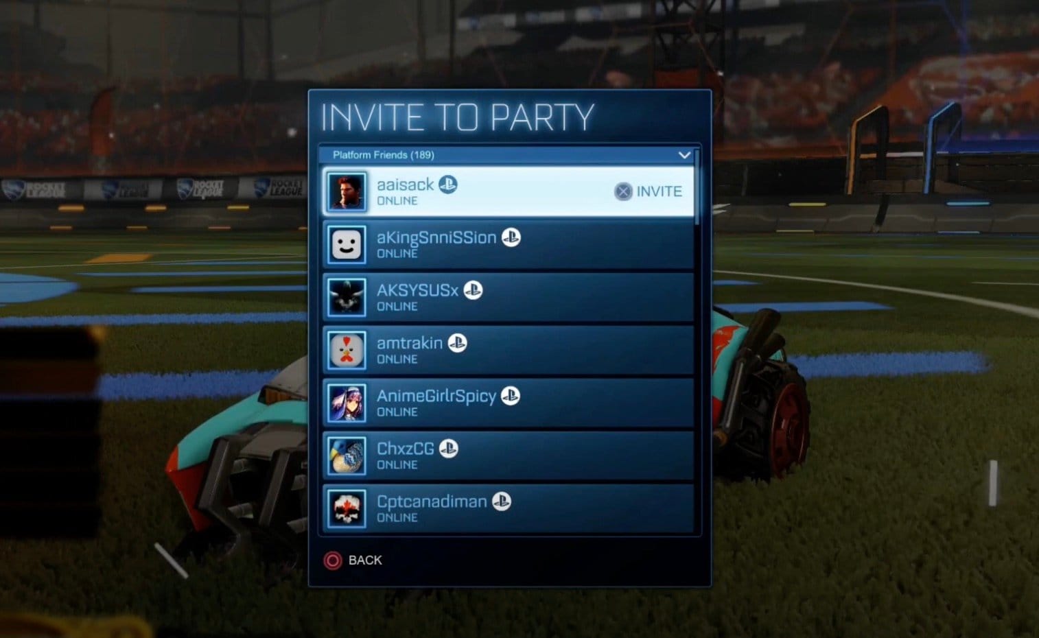 Rocket League Friends List invite PS4