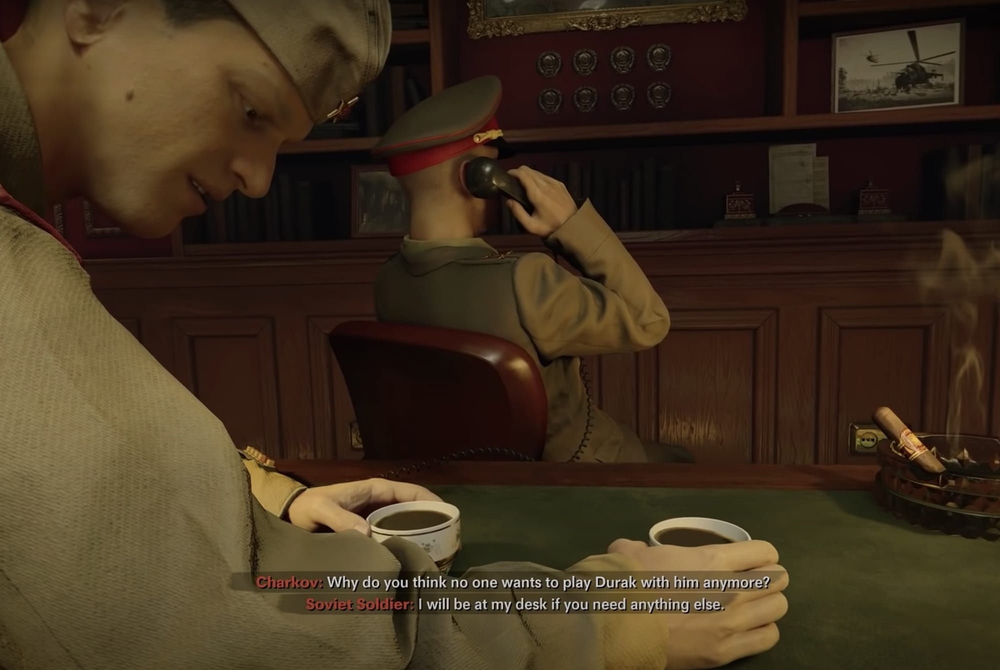 Black Ops Cold War Charkov Cutscene sshowing guard leaving cups of tea while CHarkov talks on the phone