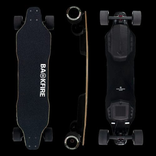 Backfire Boosted Board in top, side, and bottom view