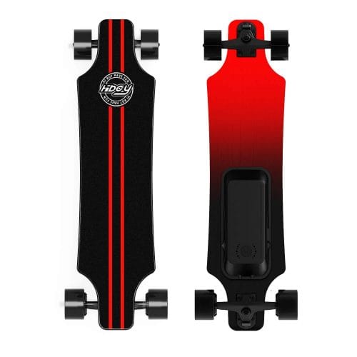 red and black hiboy electric skateboard, top and bottom view