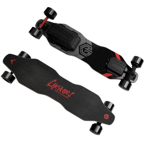 Lycaon GR electric skateboard, top and bottom view