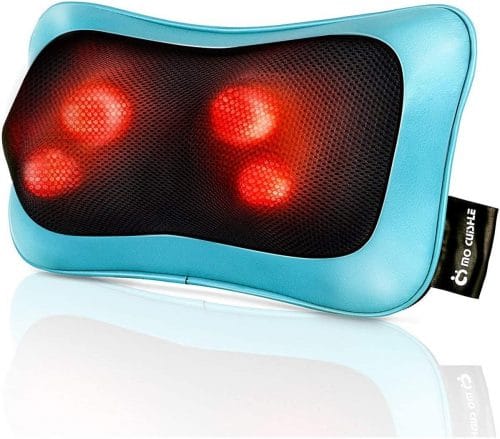 Teal neck massager with glowing massagers indicative of heat