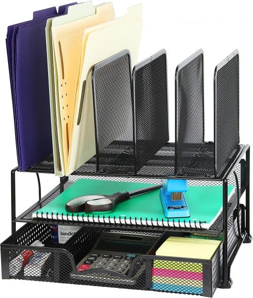 Mesh Desk organizer filled with office supplies