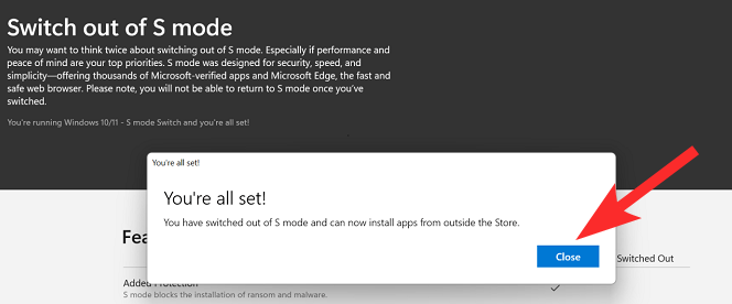 switched out of s mode windows 11 page