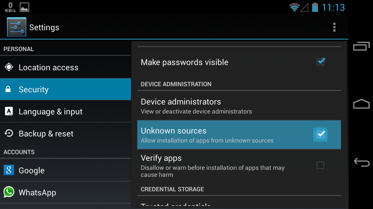 Settings for Android 4.0 and above versions