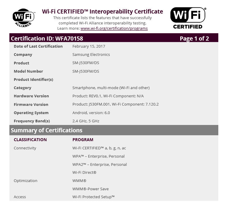 Samsung Galaxy J5 17 Sm J530fm Certified By Wifi Alliance