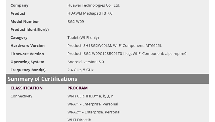 Huawei Mediapad T3 7.0 release should be close, certified by WiFi Alliance