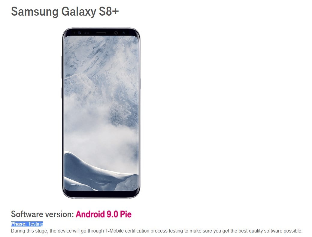T-Mobile Galaxy S8+ Pie testing