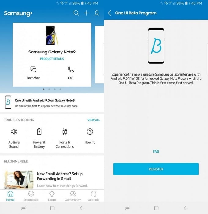 Galaxy Note 9 One UI sign up page