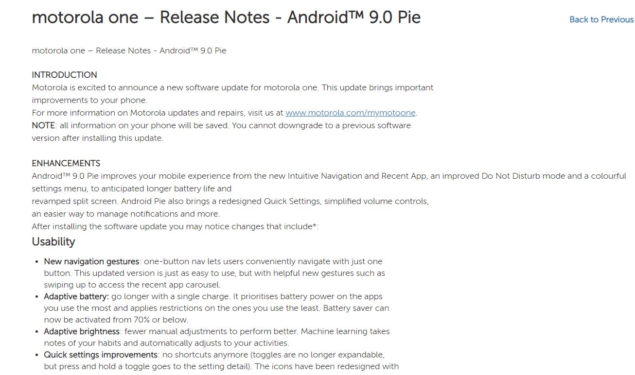 Moto One Pie changelog