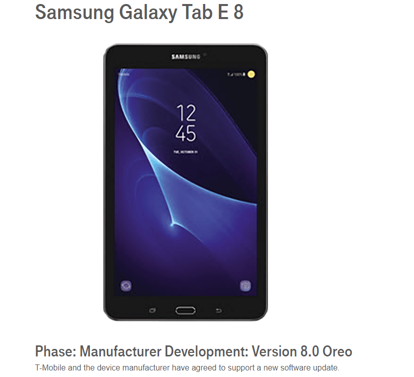 Samsung Galaxy Tab E 8.0 Oreo update T-Mobile