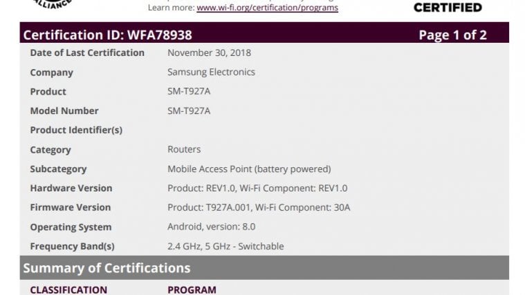 Samsung Galaxy View 2 Wi-Fi Alliance