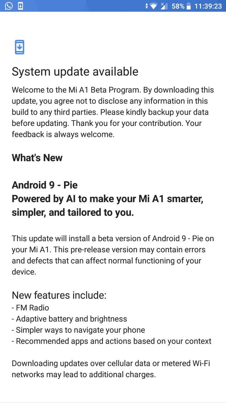Xiaomi Mi A1 Android 9 Pie beta update