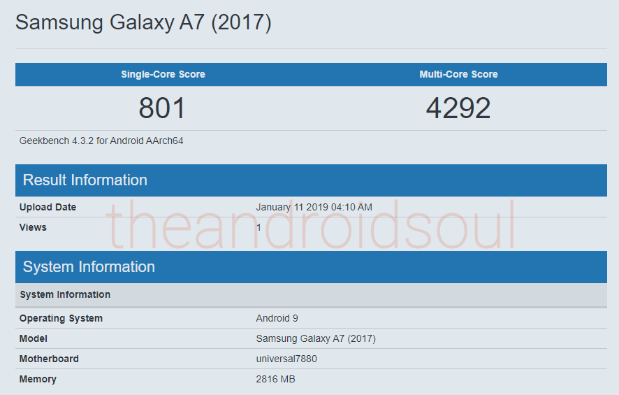 Galaxy A7 2017 Pie benchmark