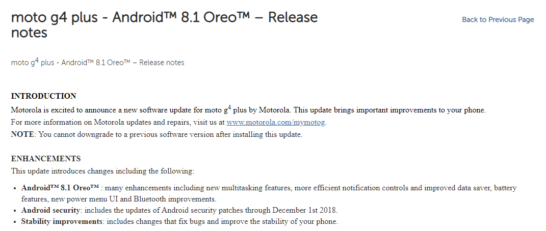 Moto G4 Plus Android Oreo update