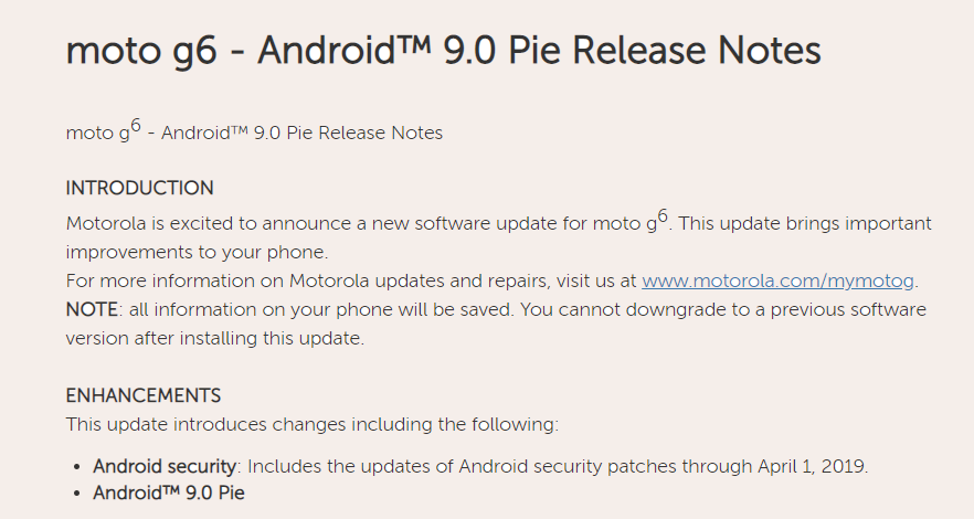 Moto G6 Pie update USA