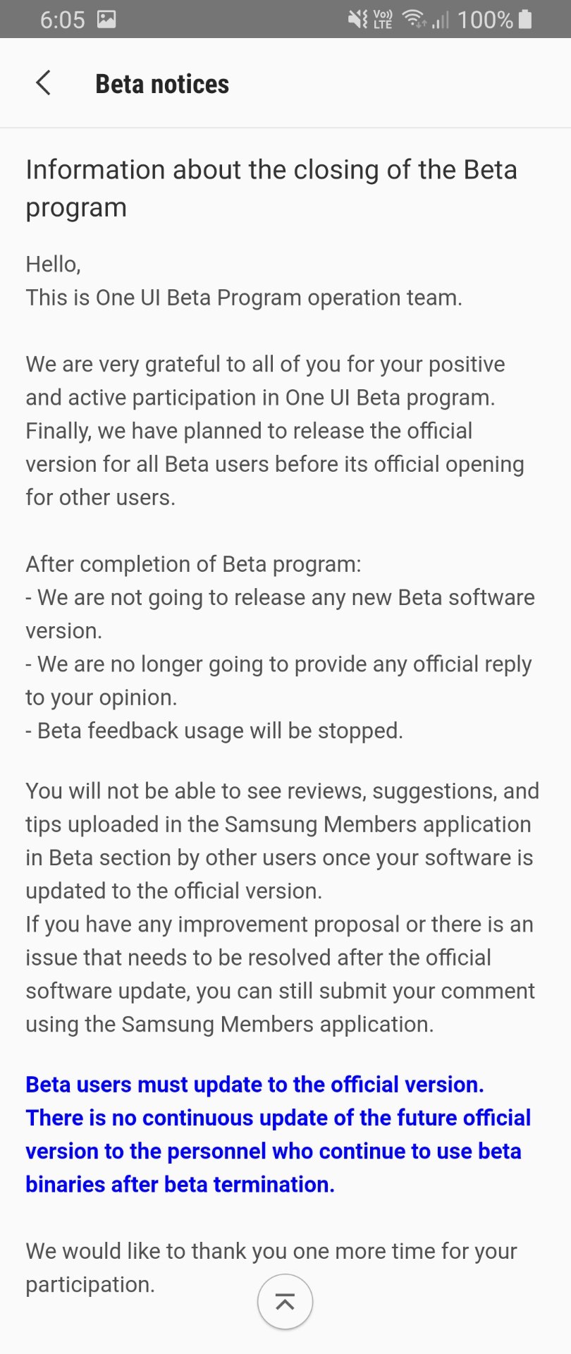Notice ending Galaxy S8 One UI beta program